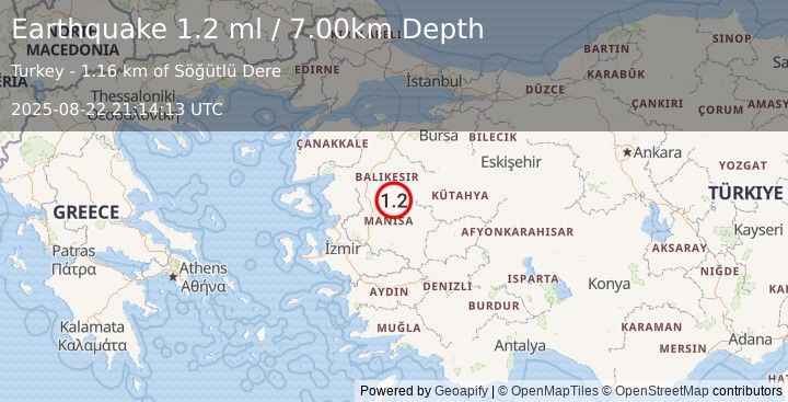 Earthquake WESTERN TURKEY (1.2 ml) (2025-08-22 21:14:13 UTC)