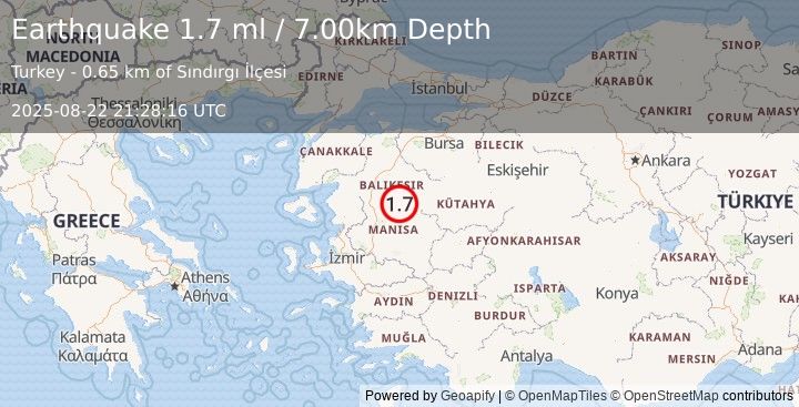 Earthquake WESTERN TURKEY (1.7 ml) (2025-08-22 21:28:16 UTC)