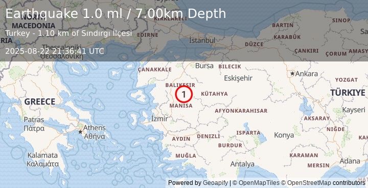 Earthquake WESTERN TURKEY (1.0 ml) (2025-08-22 21:36:41 UTC)