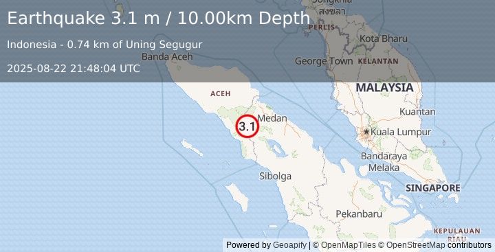 Earthquake NORTHERN SUMATRA, INDONESIA (3.1 m) (2025-08-22 21:48:04 UTC)