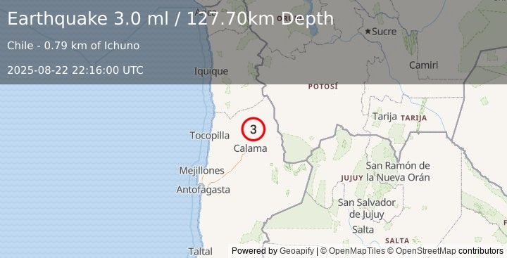 Earthquake ANTOFAGASTA, CHILE (3.0 ml) (2025-08-22 22:16:00 UTC)