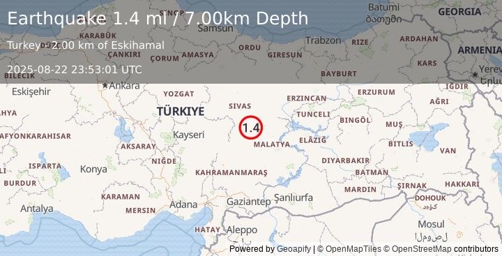 Earthquake CENTRAL TURKEY (1.4 ml) (2025-08-22 23:53:01 UTC)