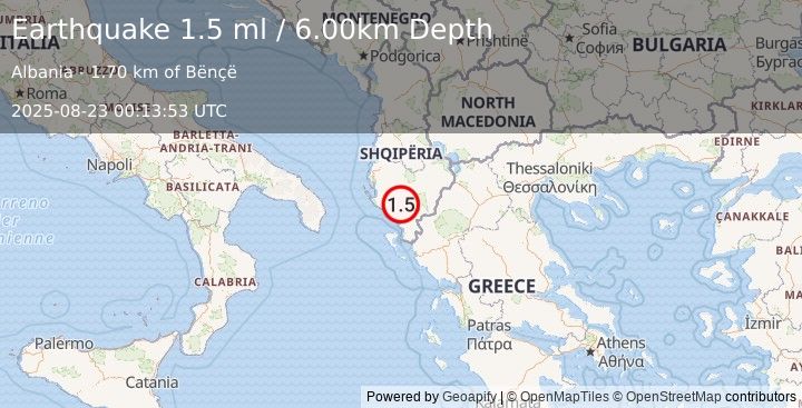 Earthquake ALBANIA (1.5 ml) (2025-08-23 00:13:53 UTC)