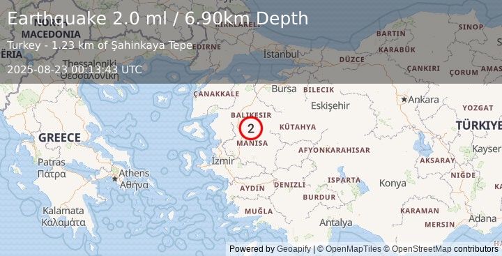 Earthquake WESTERN TURKEY (2.0 ml) (2025-08-23 00:13:43 UTC)