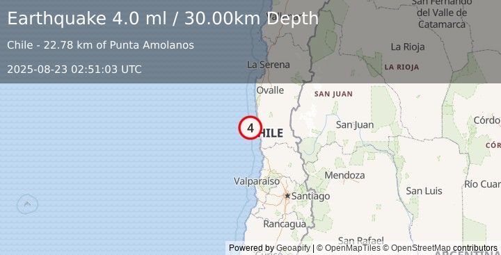 Earthquake OFFSHORE COQUIMBO, CHILE (4.0 ml) (2025-08-23 02:51:03 UTC)