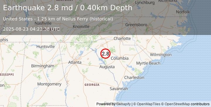 Earthquake SOUTH CAROLINA (2.8 md) (2025-08-23 04:23:38 UTC)