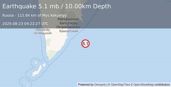 Earthquake OFF EAST COAST OF KAMCHATKA (5.2 mb) (2025-08-23 04:22:26 UTC)