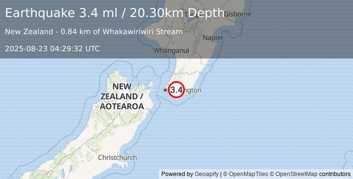 Earthquake NORTH ISLAND OF NEW ZEALAND (3.4 ml) (2025-08-23 04:29:32 UTC)