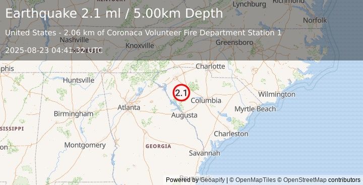 Earthquake SOUTH CAROLINA (2.1 ml) (2025-08-23 04:41:32 UTC)