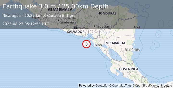 Earthquake NEAR COAST OF NICARAGUA (3.0 m) (2025-08-23 05:12:53 UTC)