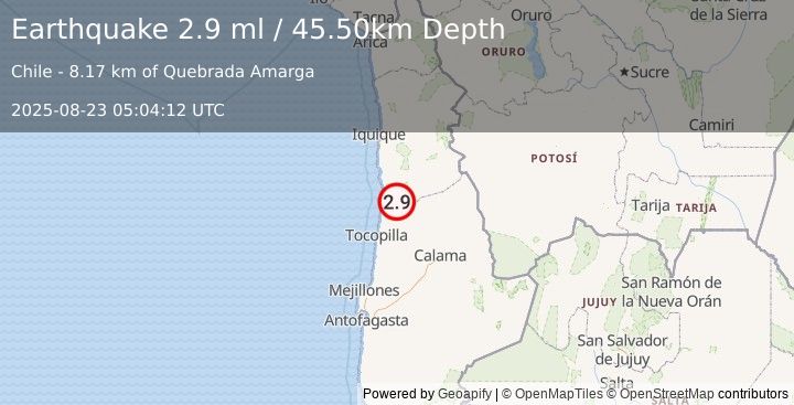 Earthquake ANTOFAGASTA, CHILE (2.9 ml) (2025-08-23 05:04:12 UTC)