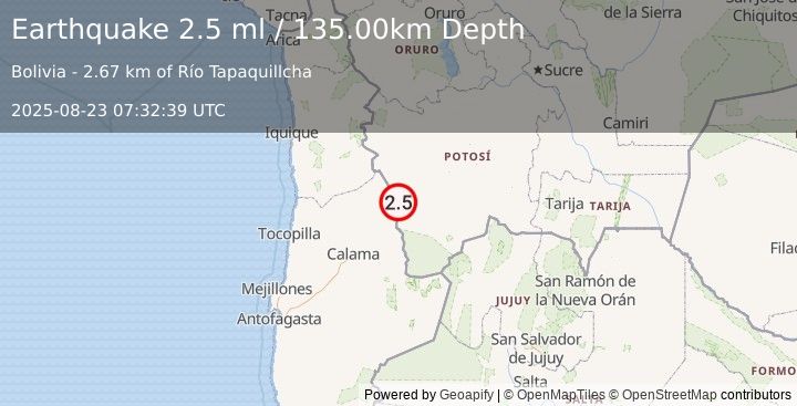 Earthquake POTOSI, BOLIVIA (2.5 ml) (2025-08-23 07:32:39 UTC)