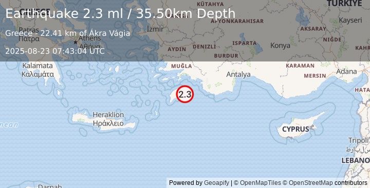 Earthquake DODECANESE IS.-TURKEY BORDER REG (2.3 ml) (2025-08-23 07:43:04 UTC)