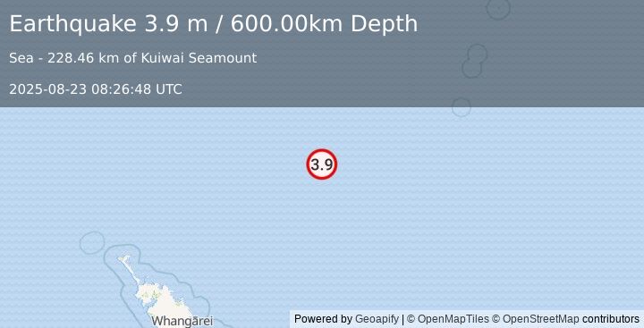 Earthquake NORTH OF NEW ZEALAND (3.9 m) (2025-08-23 08:26:48 UTC)