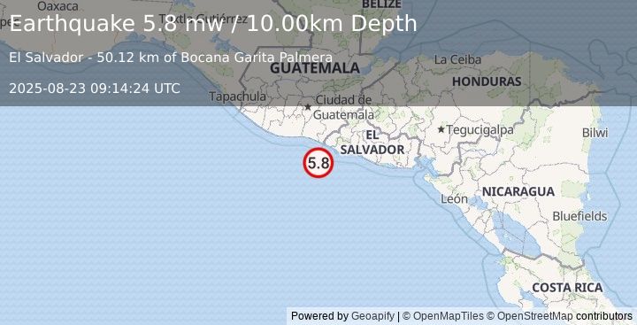 Earthquake OFFSHORE EL SALVADOR (6.0 mw) (2025-08-23 09:14:21 UTC)