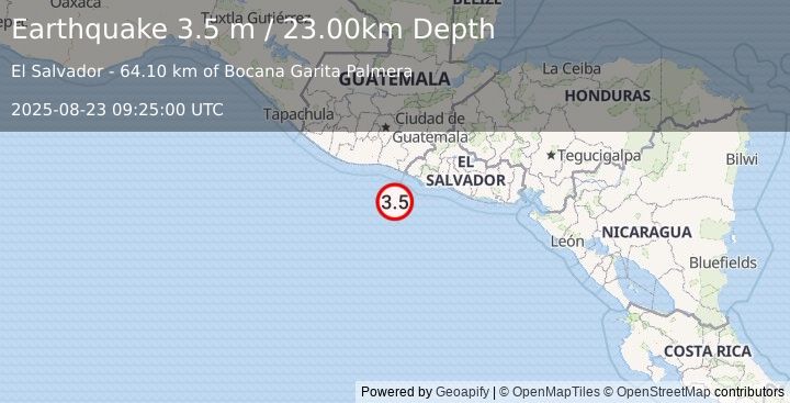 Earthquake OFFSHORE EL SALVADOR (3.5 m) (2025-08-23 09:24:59 UTC)