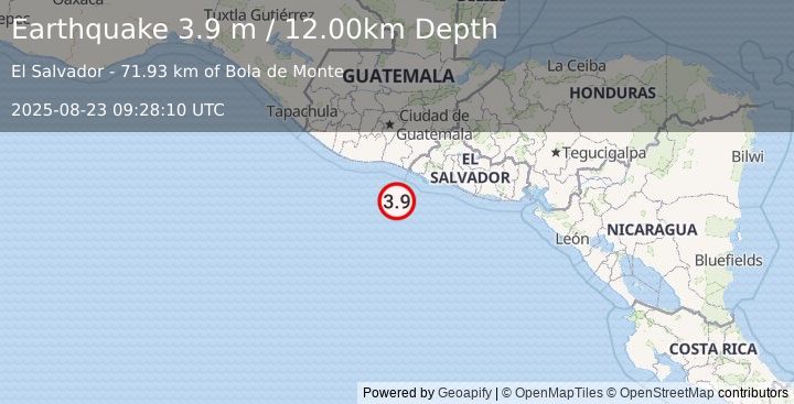 Earthquake OFFSHORE EL SALVADOR (3.9 m) (2025-08-23 09:28:10 UTC)
