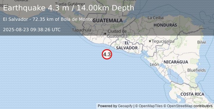 Earthquake OFFSHORE EL SALVADOR (4.3 m) (2025-08-23 09:38:26 UTC)