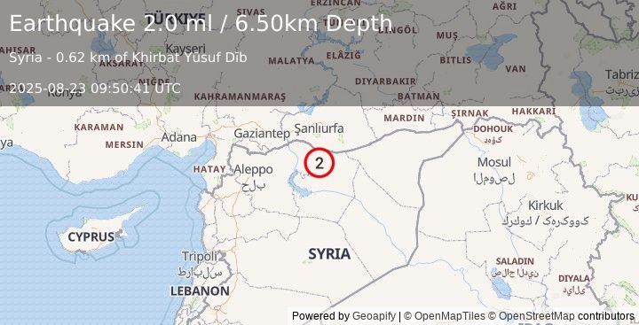 Earthquake TURKEY-SYRIA BORDER REGION (2.0 ml) (2025-08-23 09:50:41 UTC)