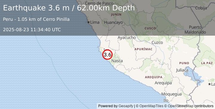 Earthquake NEAR COAST OF CENTRAL PERU (3.6 m) (2025-08-23 11:34:40 UTC)