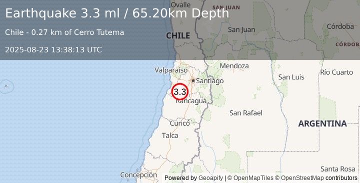 Earthquake REGION METROPOLITANA, CHILE (3.3 ml) (2025-08-23 13:38:13 UTC)