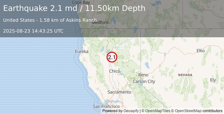Earthquake NORTHERN CALIFORNIA (2.1 md) (2025-08-23 14:43:25 UTC)
