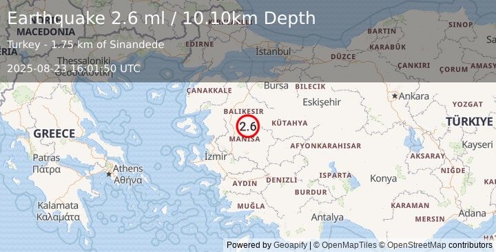 Earthquake WESTERN TURKEY (2.6 ml) (2025-08-23 16:01:50 UTC)