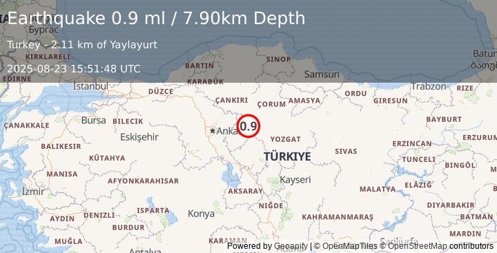 Earthquake CENTRAL TURKEY (0.9 ml) (2025-08-23 15:51:48 UTC)