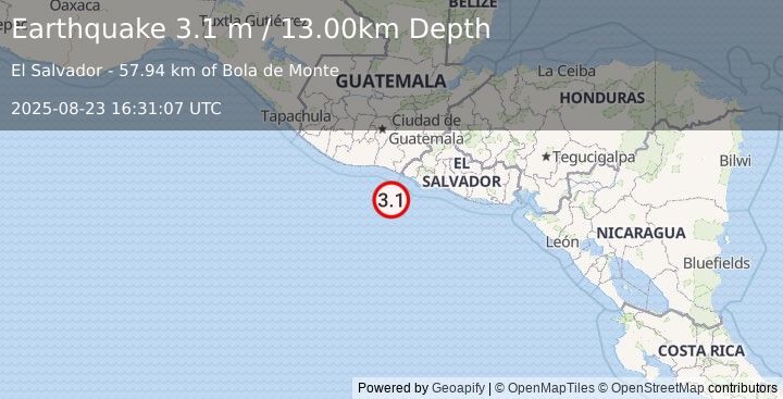 Earthquake OFFSHORE EL SALVADOR (3.1 m) (2025-08-23 16:31:07 UTC)