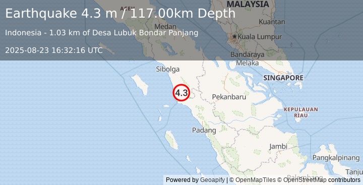 Earthquake NORTHERN SUMATRA, INDONESIA (4.3 m) (2025-08-23 16:32:16 UTC)