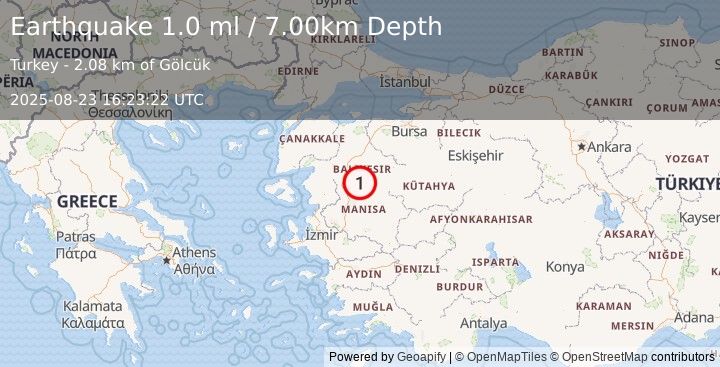 Earthquake WESTERN TURKEY (1.0 ml) (2025-08-23 16:23:22 UTC)