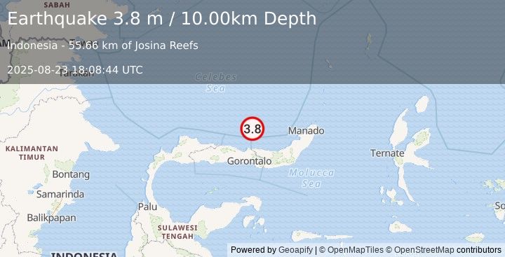 Earthquake MINAHASA, SULAWESI, INDONESIA (3.8 m) (2025-08-23 18:08:44 UTC)