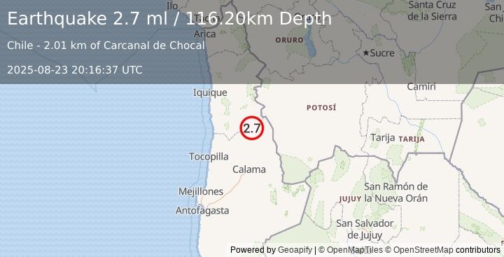 Earthquake ANTOFAGASTA, CHILE (2.7 ml) (2025-08-23 20:16:37 UTC)