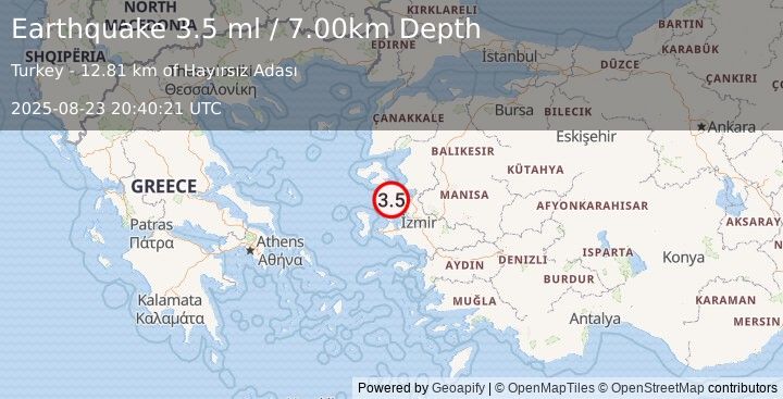 Earthquake NEAR THE COAST OF WESTERN TURKEY (3.3 ml) (2025-08-23 20:40:20 UTC)