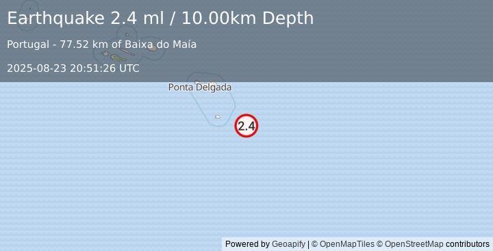 Earthquake AZORES ISLANDS REGION (2.4 ml) (2025-08-23 20:51:26 UTC)