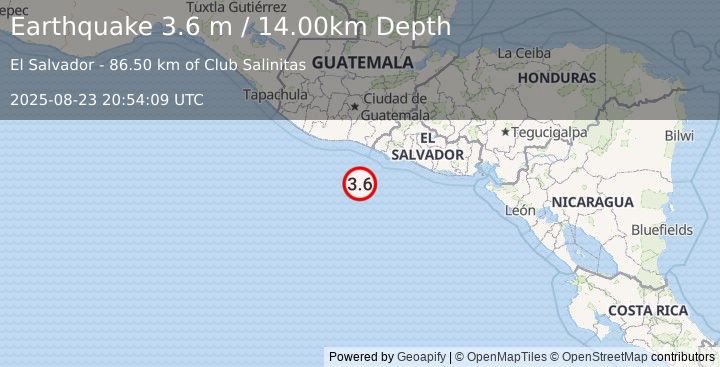 Earthquake OFFSHORE EL SALVADOR (3.6 m) (2025-08-23 20:54:09 UTC)
