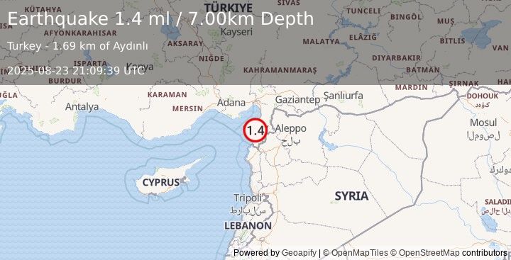 Earthquake TURKEY-SYRIA BORDER REGION (1.4 ml) (2025-08-23 21:09:39 UTC)