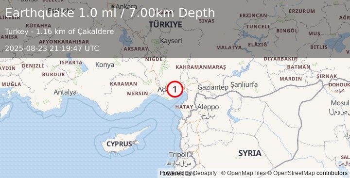 Earthquake CENTRAL TURKEY (1.0 ml) (2025-08-23 21:19:47 UTC)