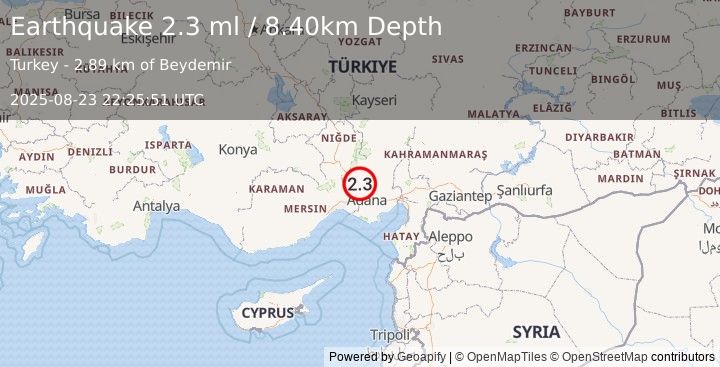 Earthquake CENTRAL TURKEY (2.3 ml) (2025-08-23 22:25:51 UTC)
