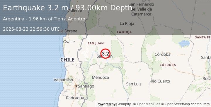 Earthquake SAN JUAN, ARGENTINA (3.2 m) (2025-08-23 22:59:30 UTC)