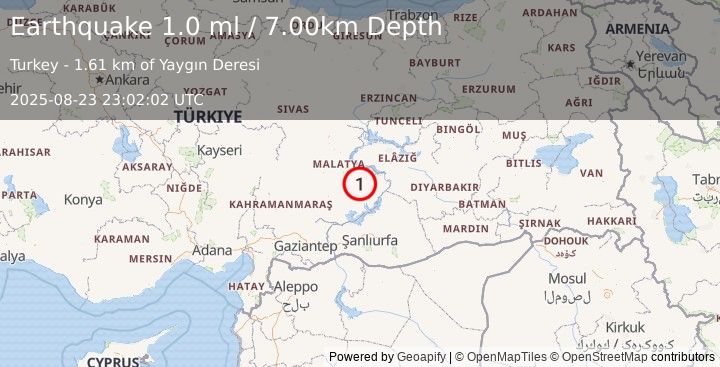 Earthquake EASTERN TURKEY (1.0 ml) (2025-08-23 23:02:02 UTC)