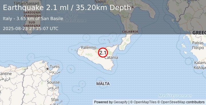 Earthquake SICILY, ITALY (2.1 ml) (2025-08-23 23:25:07 UTC)