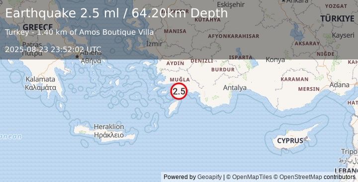 Earthquake DODECANESE IS.-TURKEY BORDER REG (2.5 ml) (2025-08-23 23:52:02 UTC)