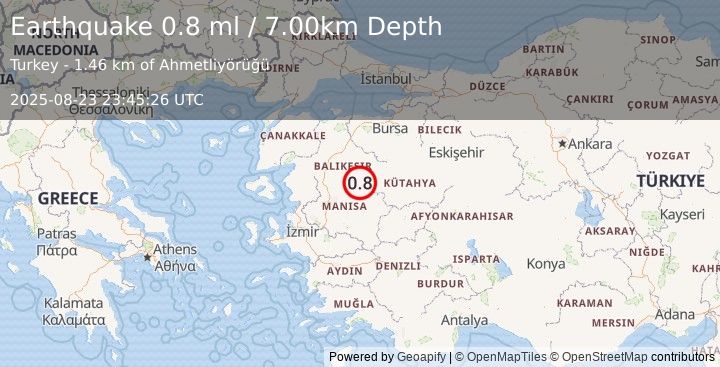 Earthquake WESTERN TURKEY (0.8 ml) (2025-08-23 23:45:26 UTC)