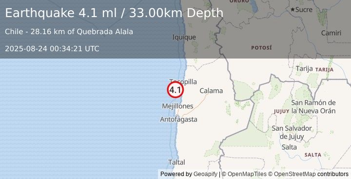 Earthquake OFFSHORE ANTOFAGASTA, CHILE (4.0 ml) (2025-08-24 00:34:19 UTC)