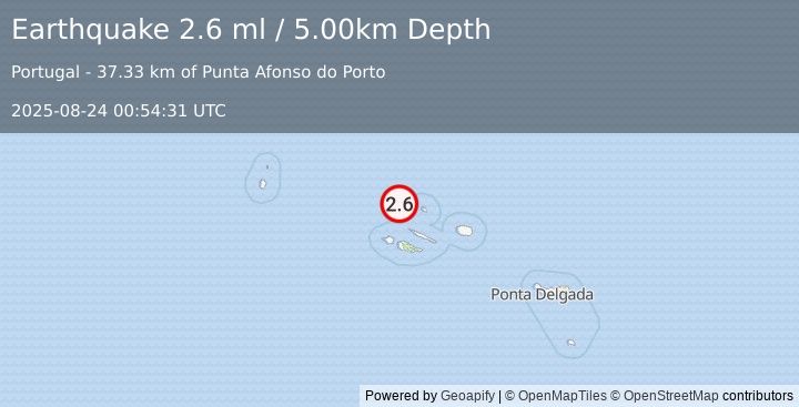 Earthquake AZORES ISLANDS, PORTUGAL (2.6 ml) (2025-08-24 00:54:31 UTC)