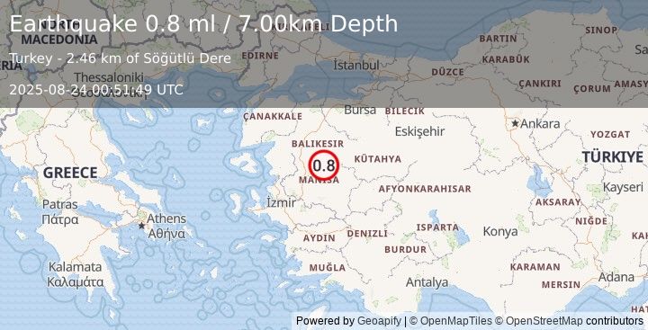 Earthquake WESTERN TURKEY (0.8 ml) (2025-08-24 00:51:49 UTC)