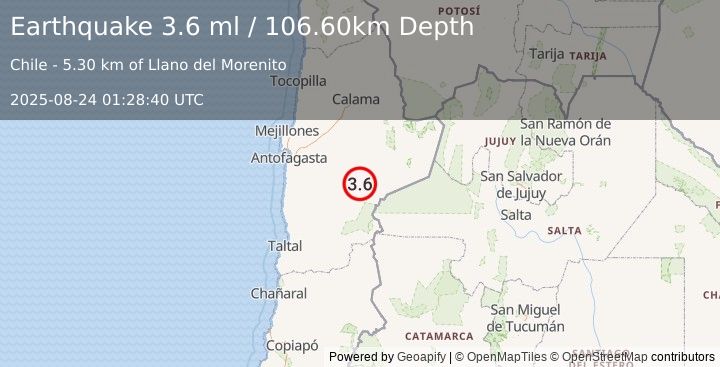 Earthquake ANTOFAGASTA, CHILE (3.6 ml) (2025-08-24 01:28:40 UTC)