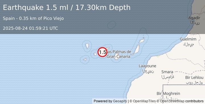 Earthquake CANARY ISLANDS, SPAIN REGION (1.5 ml) (2025-08-24 01:59:21 UTC)
