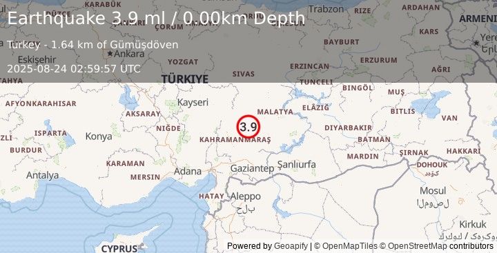 Earthquake CENTRAL TURKEY (3.9 ml) (2025-08-24 02:59:57 UTC)
